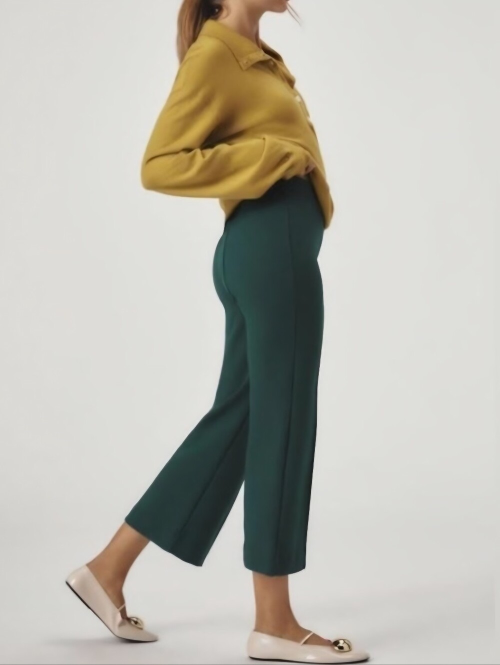 Anthropologie Maeve Margot Kick Flare Cropped Knit Stretch Pants in Pine Green - Picture 2 of 10